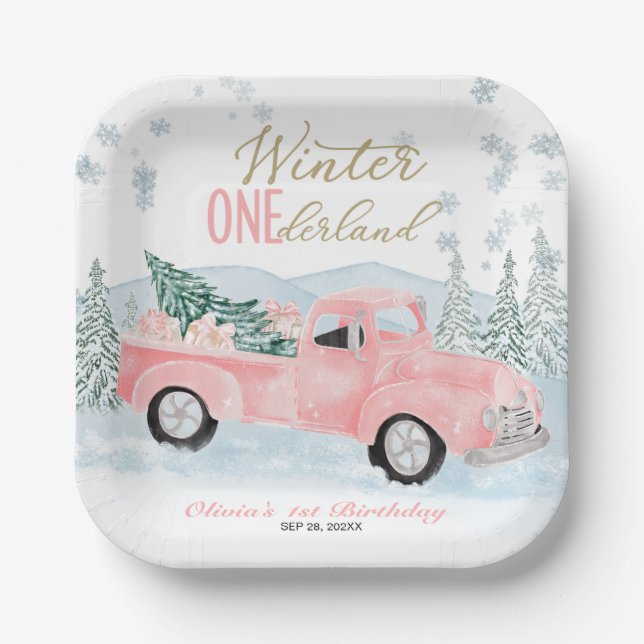 Winter Onederland Pink Truck First Birthday Pappteller (Vorderseite)