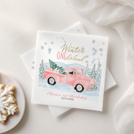 Winter Onederland Pink Truck First Birthday Serviette