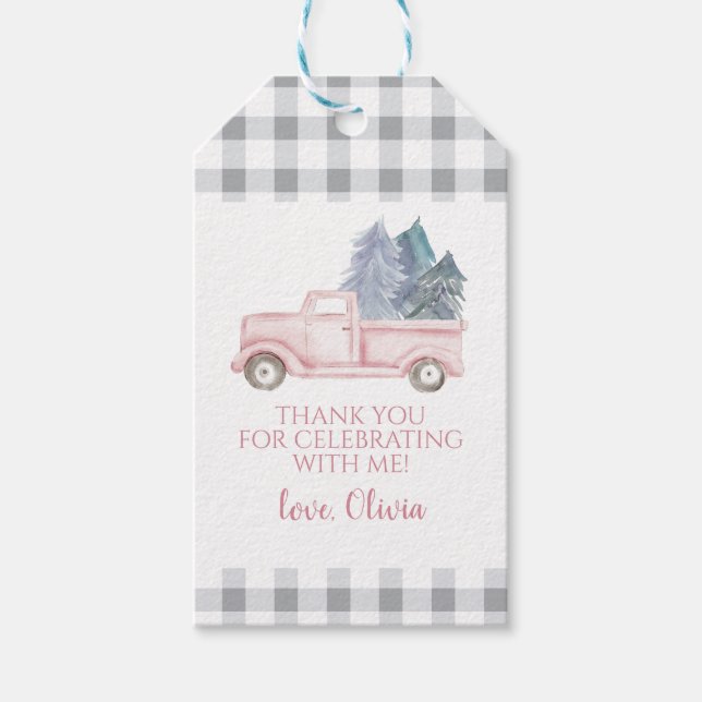 Winter Onederland Pink Truck Kariert Geschenkanhänger (Vorderseite)