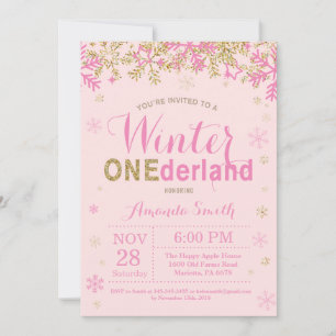 Winter Onederland Pink und Gold Mädchen 1. Geburts Einladung