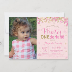 Winter Onederland Pink und Gold Mädchen 1. Geburts Einladung