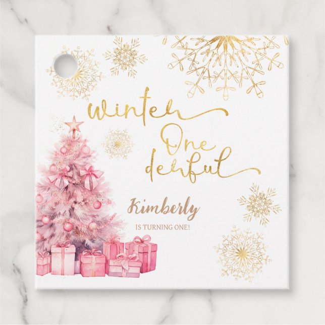Winter Onederland Pink und Gold Snowflake Geschenkanhänger (Vorderseite)