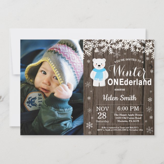 Winter Onederland Polar Bear Boy 1. Geburtstag Einladung (Vorderseite)