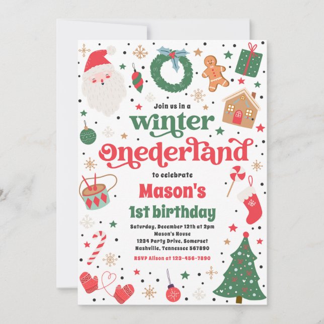 Winter ONEderland Red Christmas Geburtstagsparty Einladung (Vorderseite)