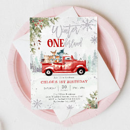 Winter ONEderland Red Truck 1st Birthday Einladung
