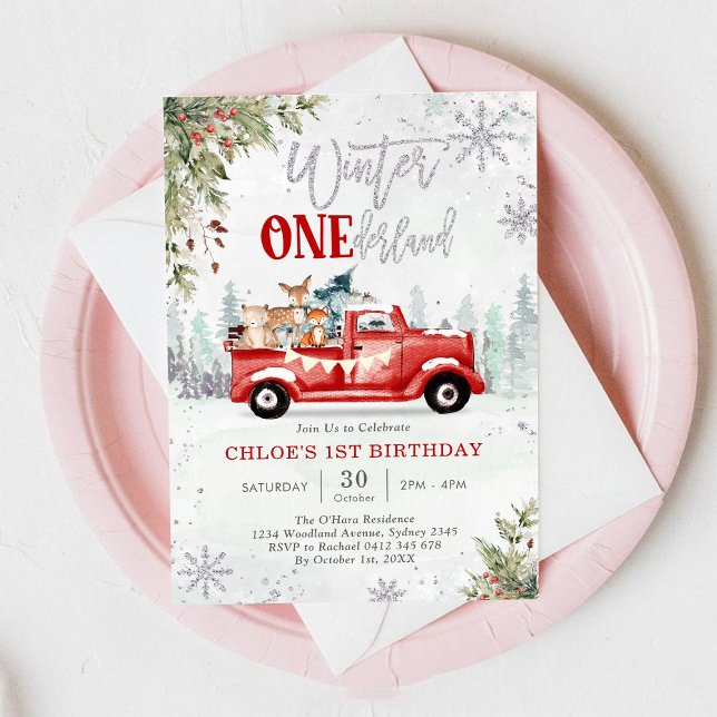 Winter ONEderland Red Truck 1st Birthday Einladung (Von Creator hochgeladen)