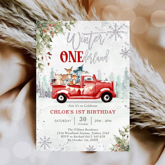 Winter ONEderland Red Truck Birthday Invitation (Créateur téléchargé)