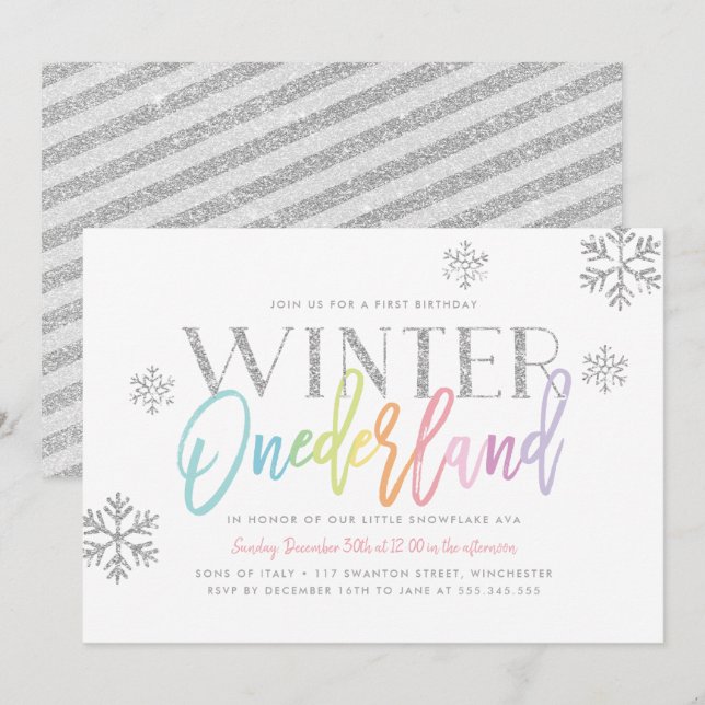 Winter ONEderland Regenbogen Silver Glam 1. Geburt Einladung (Vorne/Hinten)