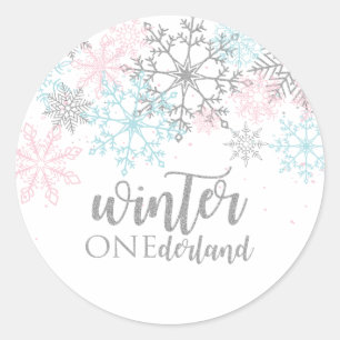 Winter Onederland Rosa blau silberner Glitter Runder Aufkleber