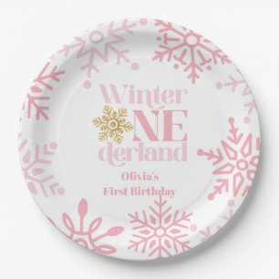 Winter Onederland Rosa Schneeblume 1. Geburtstag Pappteller