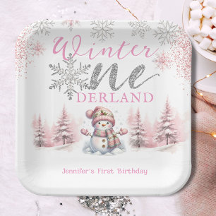 Winter Onederland Rosa Silber Glitter 1. Geburtsta Pappteller