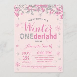 Winter Onederland rosa silbernes Mädchen-1. Einladung