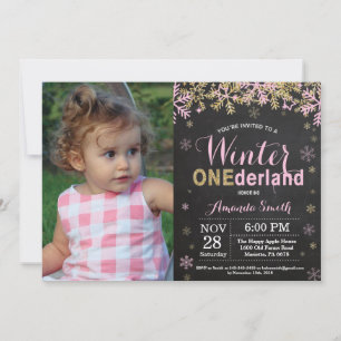Winter Onederland Rosa und Gold Mädchen 1. Geburts Einladung