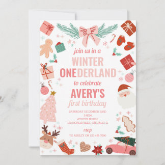 Winter Onederland Rosa Weihnachtsmädchen 1. Geburt Einladung
