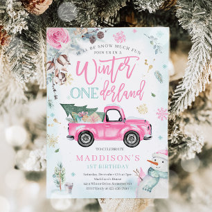 Winter ONEderland Rosa Winter LKW Schneemann Party Einladung