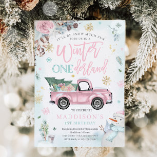 Winter ONEderland Rosa Winter LKW Schneemann Party Einladung