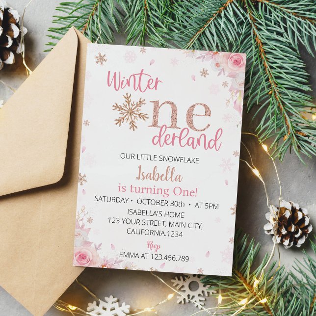 Winter Onederland rose Anniversaire Invitation (Créateur téléchargé)