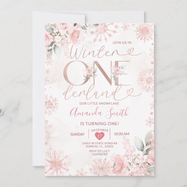 Winter Onederland Rose Gold Snowflake 1st Birthday Einladung (Vorderseite)