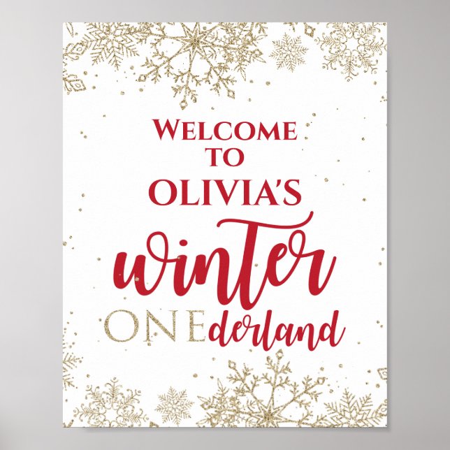 Winter Onederland Roter 1. Geburtstag Gold Schneef Poster (Vorne)