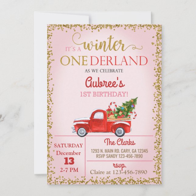 Winter Onederland roter LKW gir 1. Geburtstag. Einladung (Vorderseite)