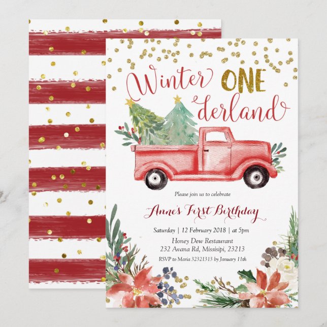 Winter Onederland Roter Weihnachtswagen Geburtstag Einladung (Vorne/Hinten)