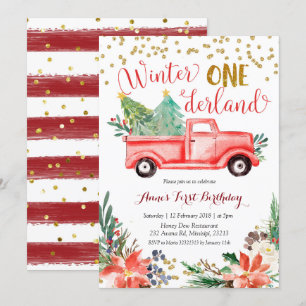 Winter Onederland Roter Weihnachtswagen Geburtstag Einladung
