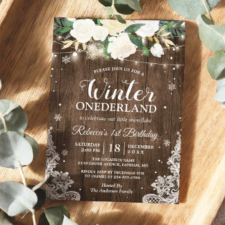 Winter ONEderland Rustic Floral Baby 1. Geburtstag Einladung