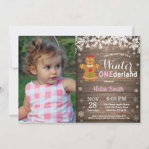 Winter Onederland Rustik Mädchen 1. Geburtstag Einladung