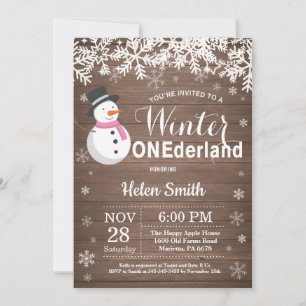 Winter Onederland Rustik Schneemann Mädchen 1. Geb Einladung