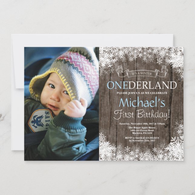 Winter Onederland Rustikaler Junge 1. Geburtstag F Einladung (Vorderseite)