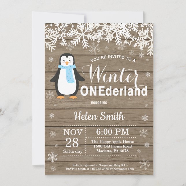 Winter Onederland Rustikaler Penguin Boy 1. Geburt Einladung (Vorderseite)