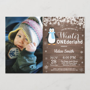 Winter Onederland Rustikaler Penguin Boy 1. Geburt Einladung