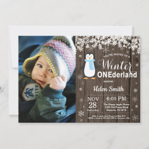 Winter Onederland Rustikaler Pinguin Junge 1. Gebu Einladung