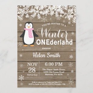 Winter Onederland Rustikales Pinguin Girl 1. Gebur Einladung