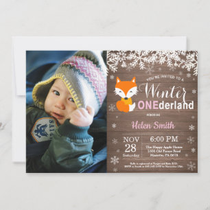 Winter Onederland Rustikalisches Fuchs-Mädchen 1.  Einladung