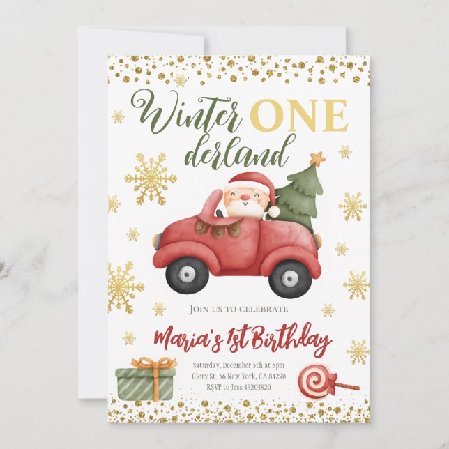 Winter Onederland Santa Birthday Einladung (Vorderseite)