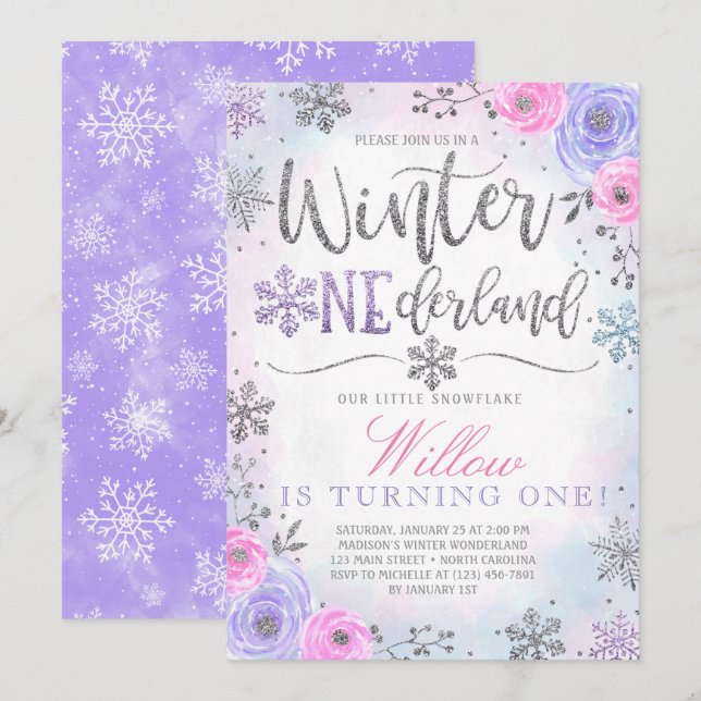 Winter ONEderland Schneeflocken Geburtstagseinladu Einladung (Vorne/Hinten)