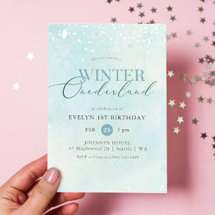 Winter Onederland Silber Glitter Baby 1. Geburtsta Einladung