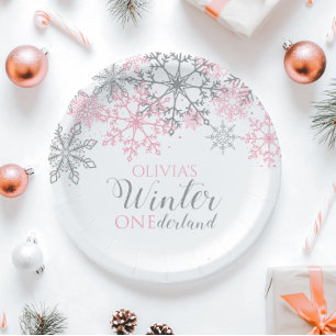 Winter Onederland Silber und Rosa Schneeflocke Pappteller