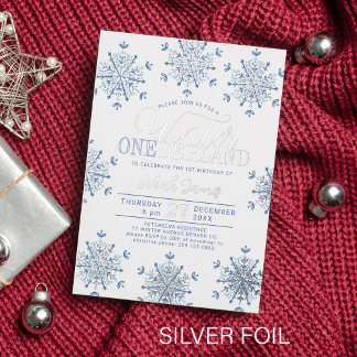 Winter Onederland silberblauer Junge erster Geburt Folieneinladung