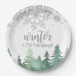 Winter Onederland Silberschneeflocken und Bäume Pappteller