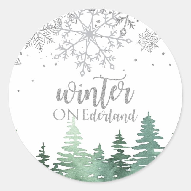 Winter Onederland Silberschneeflocken und Bäume Runder Aufkleber (Vorderseite)