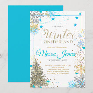 WINTER ONEderland Silver Blue & Gold 1. Geburtstag Einladung