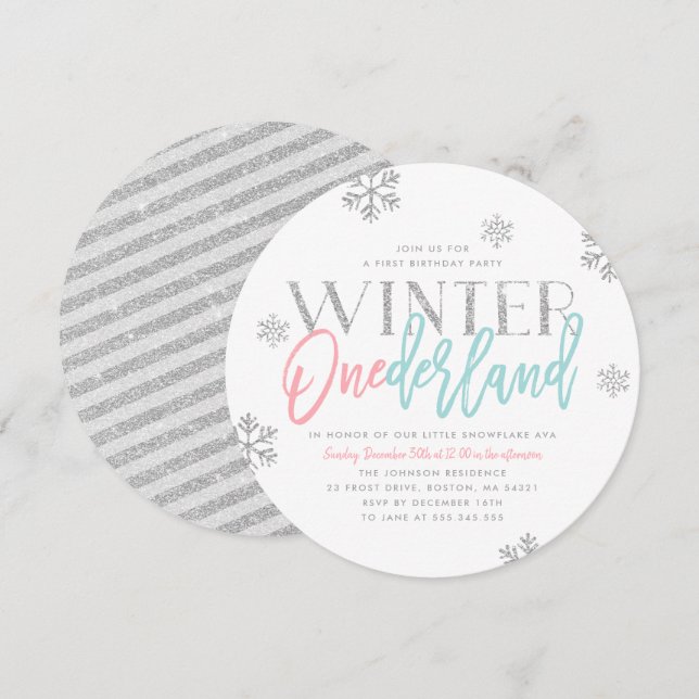 Winter ONEderland Silver Glittery 1. Geburtstag Einladung (Vorne/Hinten)