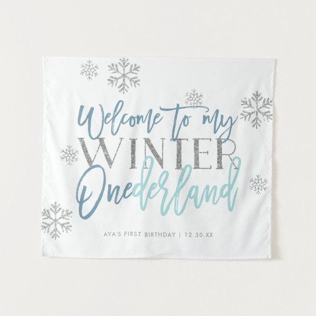 Winter ONEderland Silver Glitzer Blue Begrüßungsze Wandteppich (Vorderseite (Horizontal))