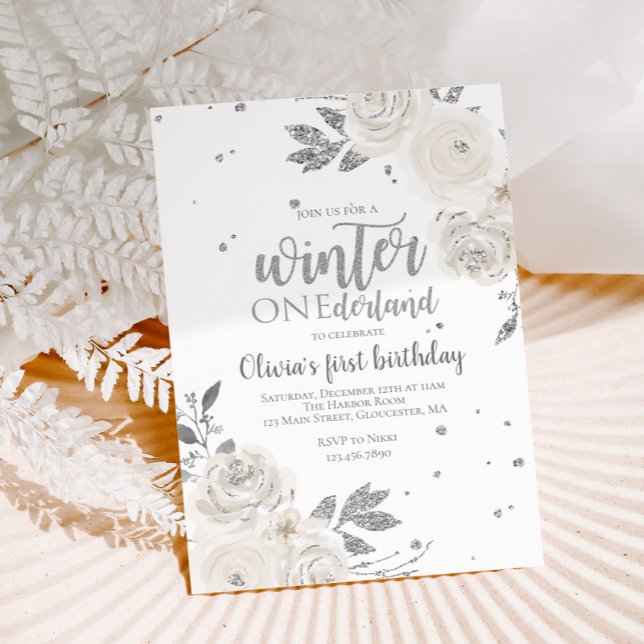 Winter Onederland Silver Glitzer Floral Einladung (Von Creator hochgeladen)