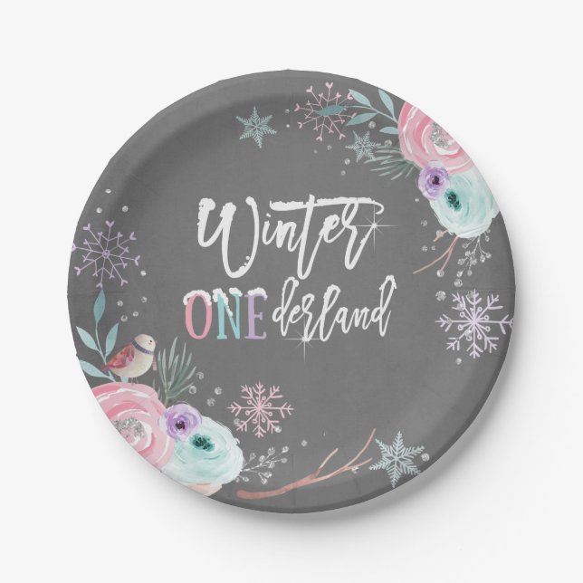 Winter ONEderland Silver Glitzer Pink Floral Girl Pappteller (Vorderseite)