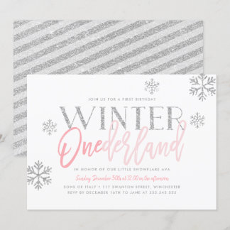 Winter ONEderland Silver Glitzer Rosa 1. Geburtsta Einladung