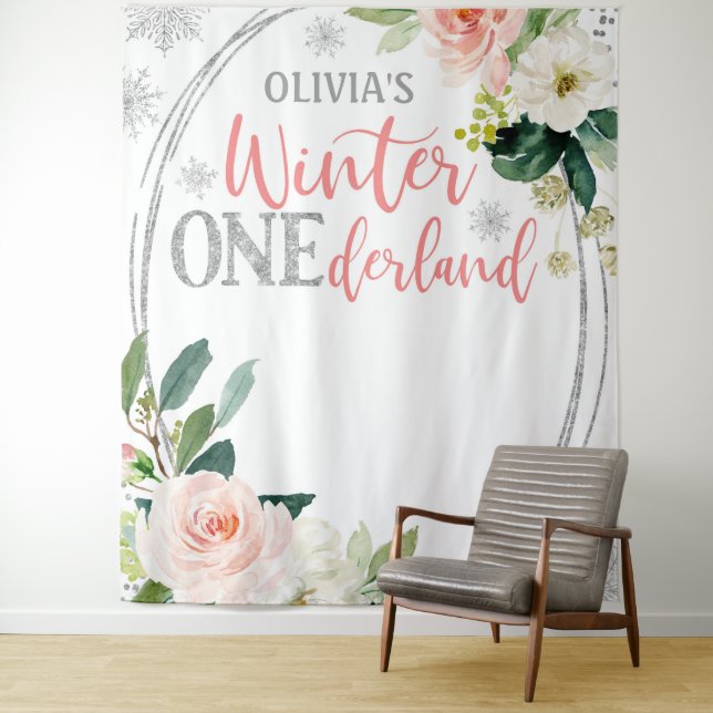 Winter ONEderland Silver Pink Floral Hintergrund Wandteppich (Beispiel)