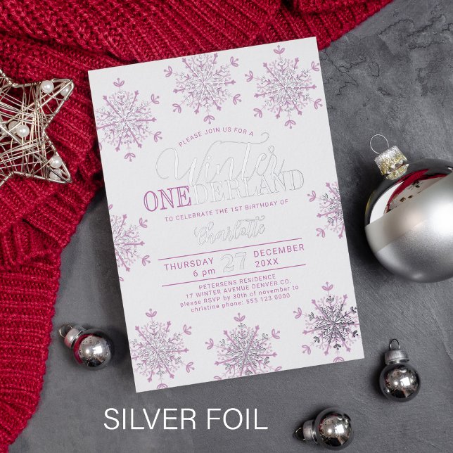 Winter Onederland silver pink girl first birthday Folieneinladung (Von Creator hochgeladen)